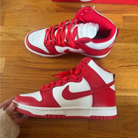 🐝Nike Red and White Dunk Hi Retro Sneakers
